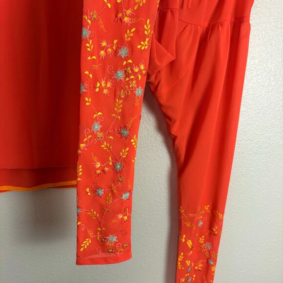Approx S/M Orange Floral Embroidered Sequin Kurta Style Pants Matching Dupatta - Picture 7 of 12